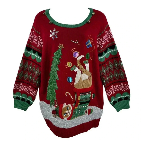 33 Degrees 3XL Merry Bright Ugly Christmas Sweater Cat Boots Embellished Holiday - Picture 1 of 13